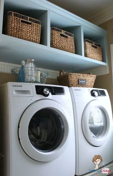 organized cottage style laundry room and mudroom renovation, closet, home decor, laundry rooms, storage ideas, My washer and dryer sit on a beadboard clad pedestal with room underneath for three laundry baskets And there s more storage up top